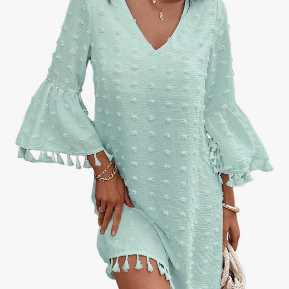 ⭐️ NWOT Light Green Swiss Dot Dress with Tassels